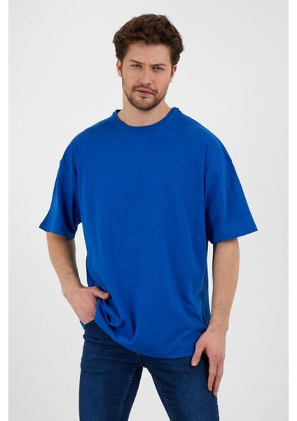 Pamuk Bisiklet Yaka Saks Mavi Oversize T-Shirt indirimleri