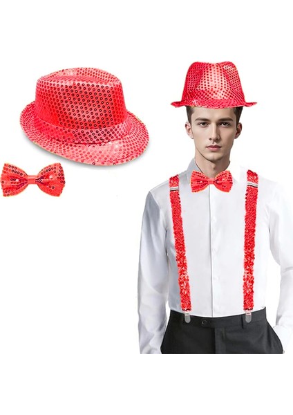 Kırmızı Payetli Şapka ve Papyon Seti – Parıltılı Yetişkin Kostüm Seti