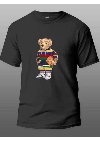 K-Art Polo Basket Ayı Tasarımlı Siyah T-Shirt