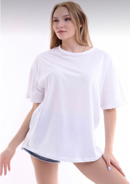 Pamuklu Beyaz Bisiklet Yaka Oversize T-Shirt fiyatları