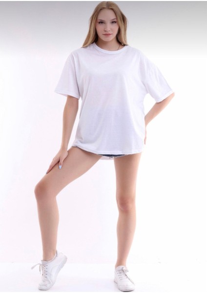 Pamuklu Beyaz Bisiklet Yaka Oversize T-Shirt modelleri