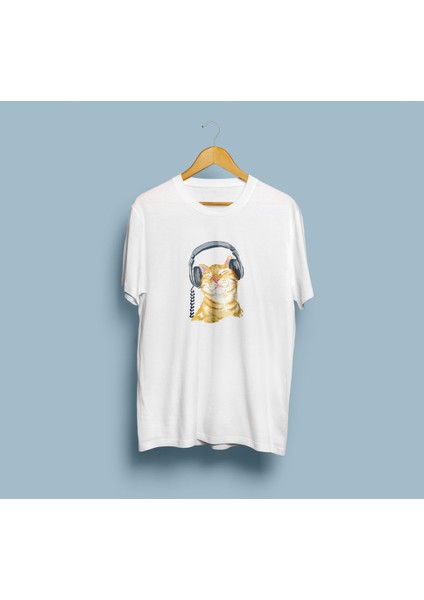 Oversize Müzik Dinleyen Kedi Tasarım Unisex T-Shirt