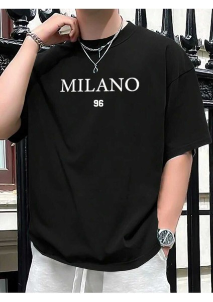 Oversize Model Siyah Milano 96 Baskılı Bisiklet Yaka Tişört