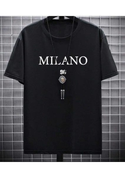Oversize Model Siyah Milano 96 Baskılı Bisiklet Yaka Tişört fiyatları