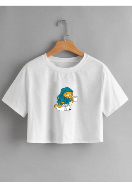 Kadın Beyaz Uykulu Garfield Baskılı Crop Tshirt