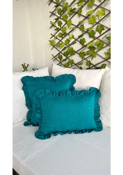 Vıntage Fırfırlı Petrol Yeşili Kırlent Kılıfı 1AD