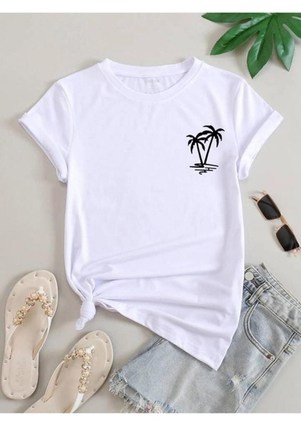 Minimal Baskılı Oversize Bisiklet Yaka T-Shirt Beyaz