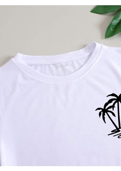 Minimal Baskılı Oversize Bisiklet Yaka T-Shirt Beyaz modelleri