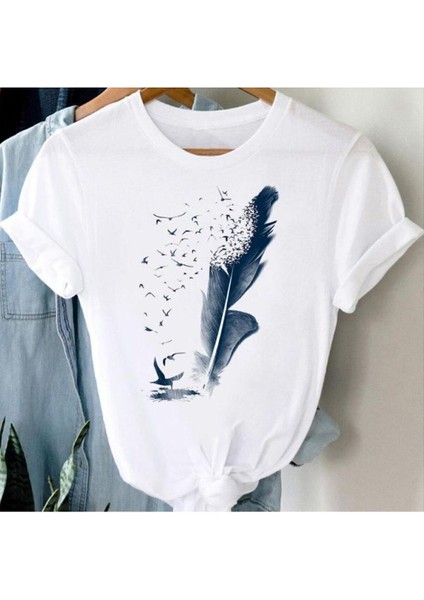 Trend Selection - Kuş Tasarım Baskılı, Bol Kesim, Oversize, Bisiklet Yaka, Kadın T-Shirt