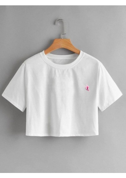 Kadın Beyaz Kelebek Baskılı Crop Tshirt