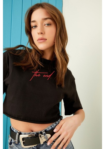 Griland Kadın Siyah The End Baskılı Oversize Crop Top