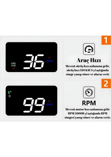 Araç Hız Göstergesi Dijital Ekran ,km/h Mph Rpm Voltaj Su Sıcaklığı ,yansımalı Göstergeli , Obd2 Hud