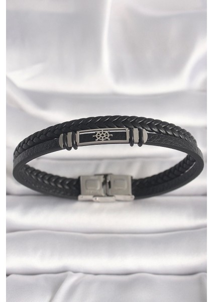 316L Çelik Gümüş Renk Gemi Dümeni Figür Siyah Burgu Deri Kordon Model Erkek Bileklik - TJ-EB3701
