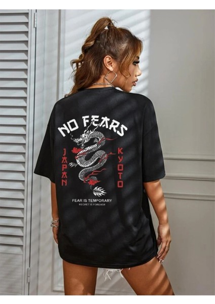 Baskılı Siyah T-Shirt No Fears Ejderha modelleri