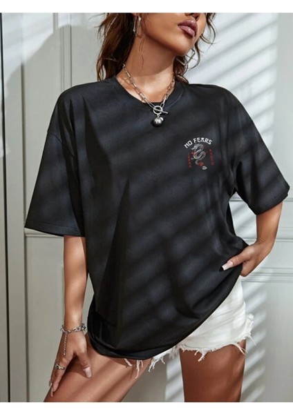 Baskılı Siyah T-Shirt No Fears Ejderha fırsatları