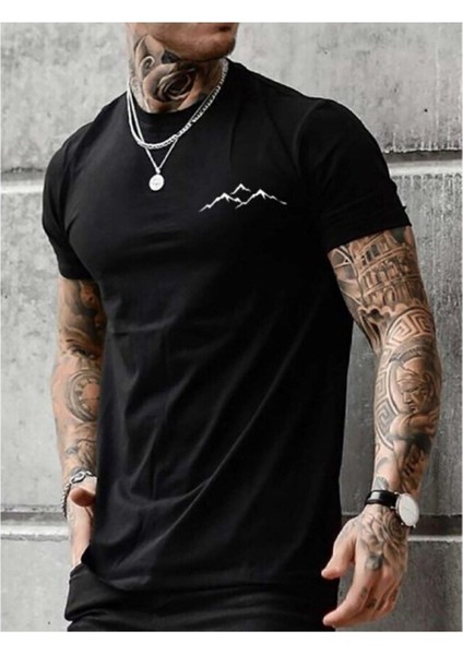 Dağ Manzaralı Baskılı Siyah Bisiklet Yaka Yazlık Kısa Kollu T-Shirt