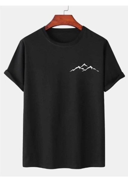 Dağ Manzaralı Baskılı Siyah Bisiklet Yaka Yazlık Kısa Kollu T-Shirt fiyatları
