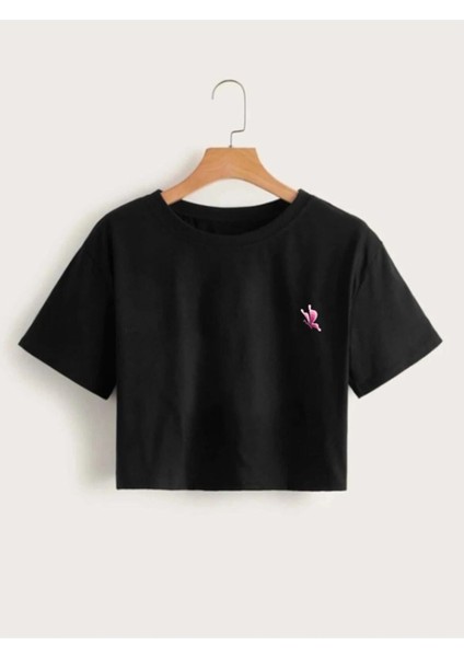 Kadın Siyah Kelebek Baskılı Crop Tshirt