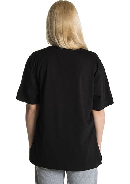 Kadın Siyah Önü Ay'ın Evreleri Baskılı Bisiklet Yaka Oversize Pamuklu T-Shirt modelleri