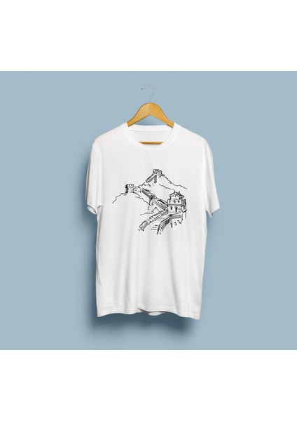 Oversize Çin Seddi Çizim Baskılı Unisex T-Shirt