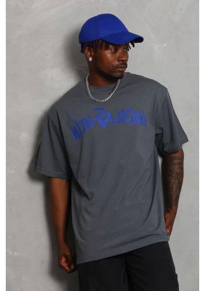 Unisex Oversize Baskılı Bisiklet Yaka T-Shirt - Füme