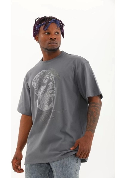 Unisex Oversize Taşlı Bisiklet Yaka T-Shirt - Füme