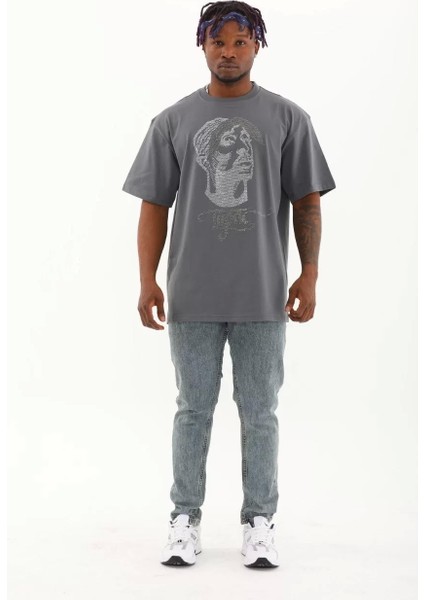 Unisex Oversize Taşlı Bisiklet Yaka T-Shirt - Füme