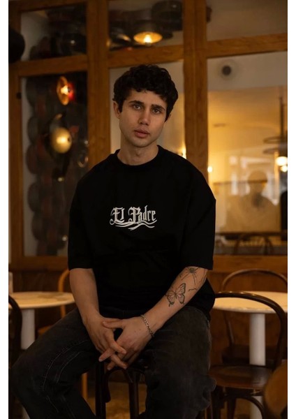 Unisex Bisiklet Yaka Baskılı Oversize T-Shirt - Siyah