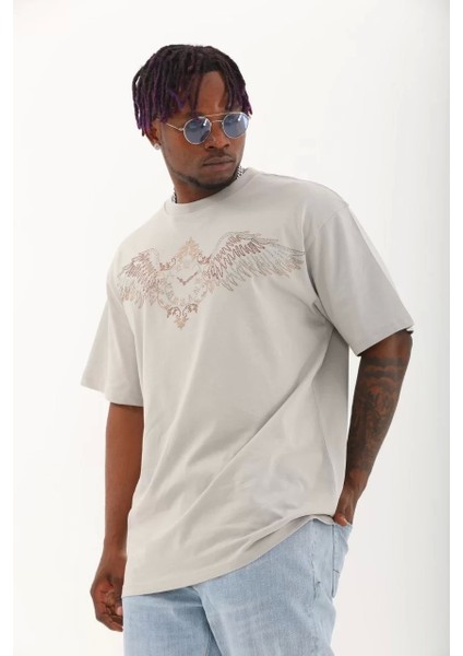 Unisex Oversize Taşlı Bisiklet Yaka T-Shirt - Gri
