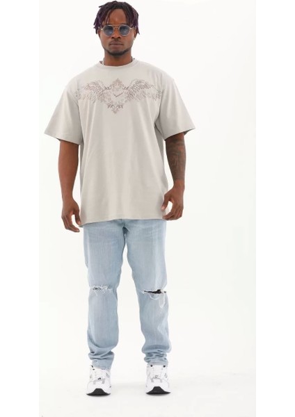 Unisex Oversize Taşlı Bisiklet Yaka T-Shirt - Gri