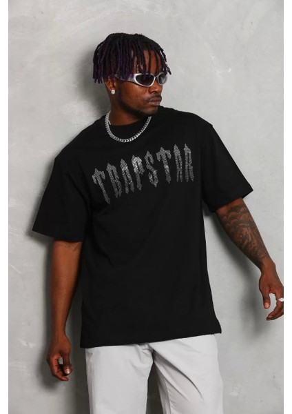 Unisex Oversize Taşlı Bisiklet Yaka T-Shirt - Siyah