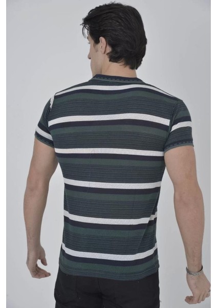 Erkek Yakalı Slim Fit Dokuma Çizgili T-Shirt - Haki