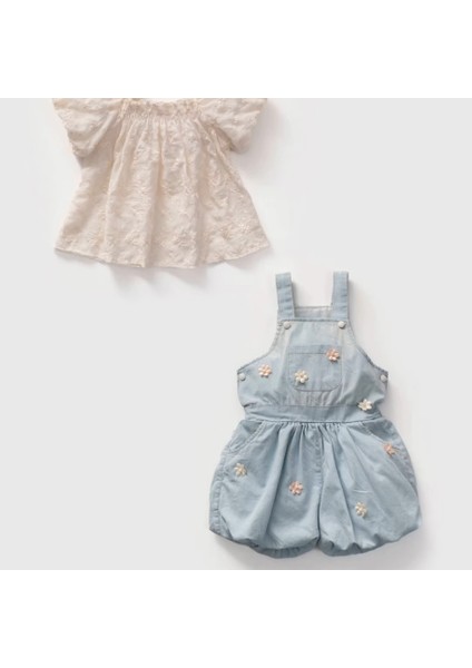 Çiçek Detaylı Müslin Bluzlu Denim Balon Kız Bebek Salopet