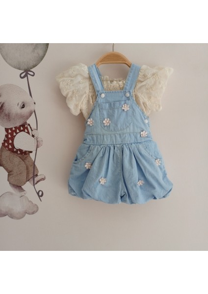Çiçek Detaylı Müslin Bluzlu Denim Balon Kız Bebek Salopet fiyatları