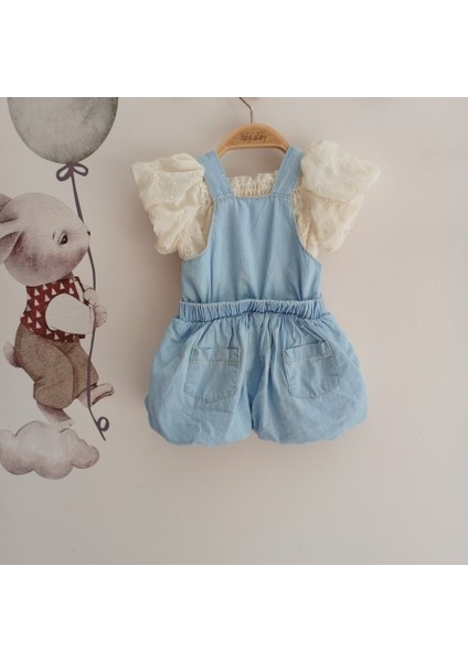 Çiçek Detaylı Müslin Bluzlu Denim Balon Kız Bebek Salopet modelleri