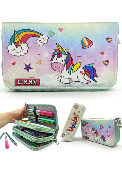 Unicorn Şeker Temalı Kalemkutu Modelist Kalem Kutusu Vegan Deri Üç Bölmeli Kalemlik