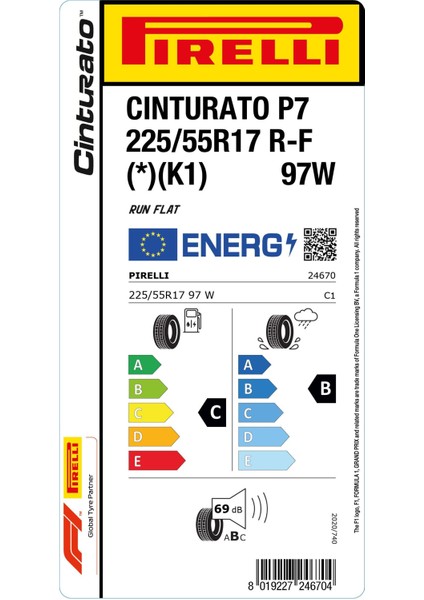 225/55R17 97W Cinturato P7 (K1) (*) R-F Oto Yaz Lastiği (Üretim: 2025)