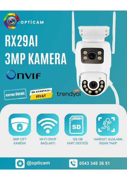 RX29AI Wifi 2 Kamera 3+3mp Onvif Akıllı Gece Renkli Görüş Sesli Güvenlik Kamerası + 1.5A Adaptör