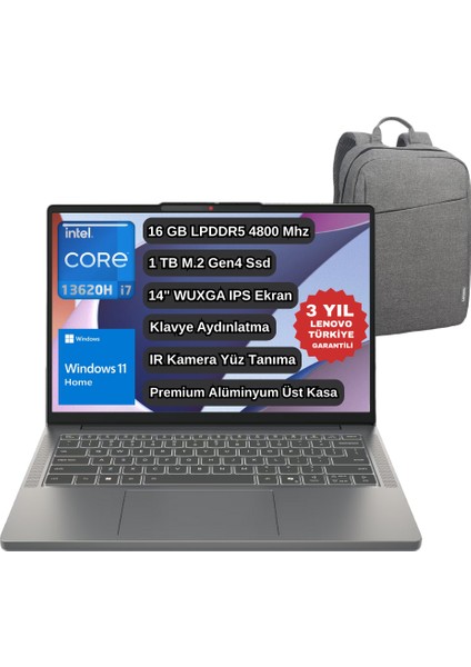 Ip Slim 3 14IRH10 Intel I7 13620H 16GB 1tb SSD 14" Wuxga Windows 11 Home Taşınabilir Bilgisayar 83K0002ATR - Lenovo Çanta Wz2
