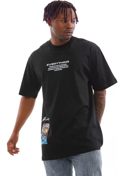 Unisex Bisiklet Yaka Baskılı Oversize T-Shirt - Siyah