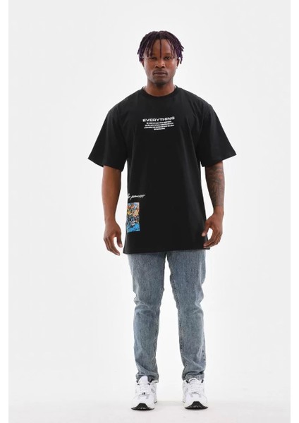 Unisex Bisiklet Yaka Baskılı Oversize T-Shirt - Siyah