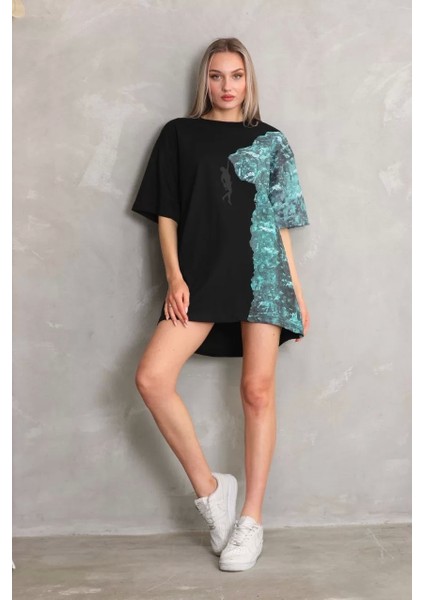 Unisex Bisiklet Yaka Baskılı Oversize T-Shirt - Siyah