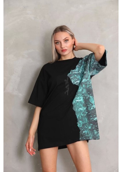 Unisex Bisiklet Yaka Baskılı Oversize T-Shirt - Siyah