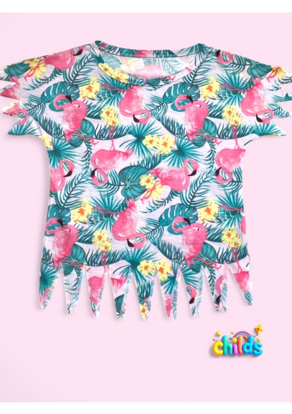 Kısa Kol Flamingo Baskılı Penye Lazer Kesimli Saçaklı Kız Çocuk T-Shirt Şortlu Takım fiyatları