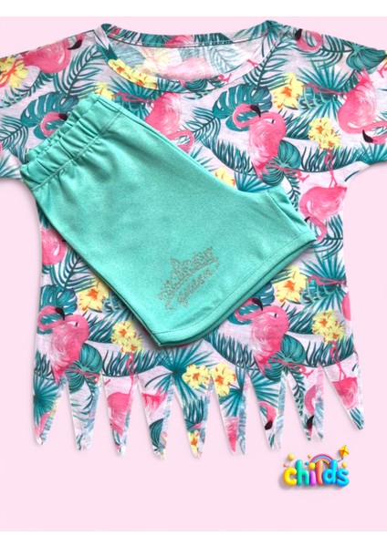 Kısa Kol Flamingo Baskılı Penye Lazer Kesimli Saçaklı Kız Çocuk T-Shirt Şortlu Takım modelleri