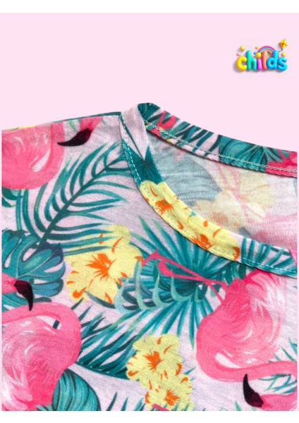 Kısa Kol Flamingo Baskılı Penye Lazer Kesimli Saçaklı Kız Çocuk T-Shirt Şortlu Takım indirimleri