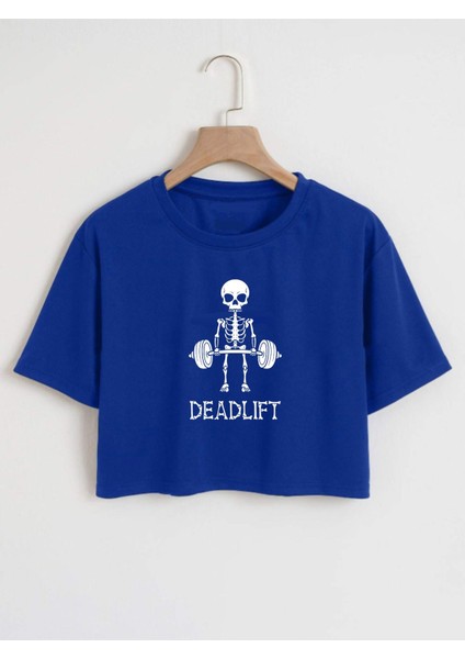 Kadın Deadlift Baskılı Mavi Crop Tişört