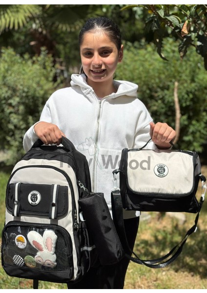 Kawaii Kore Tarzı Aksesuarlı ve Ergonomik Okul Sırt Çantası Siyah-Bej-Gri| Beslenme, Kalemlik Set fiyatları