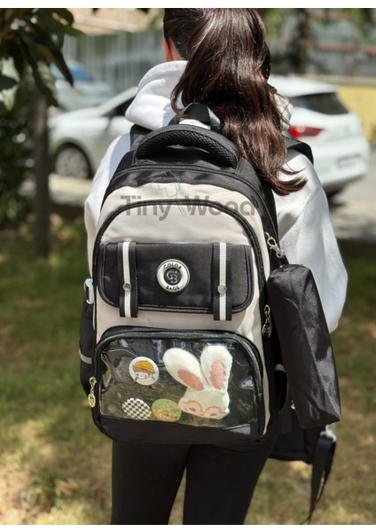 Kawaii Kore Tarzı Aksesuarlı ve Ergonomik Okul Sırt Çantası Siyah-Bej-Gri| Beslenme, Kalemlik Set modelleri