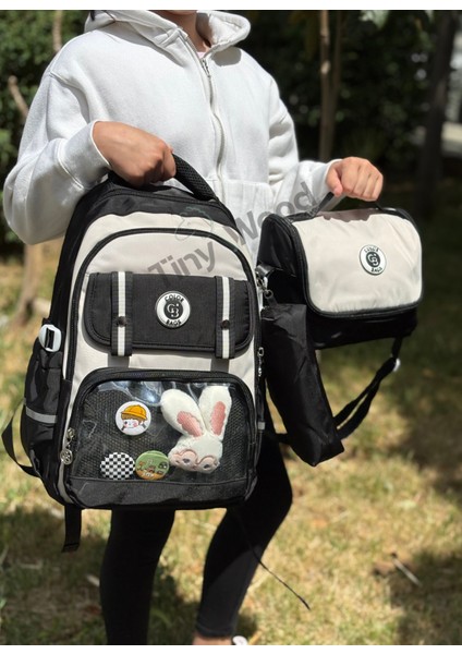 Kawaii Kore Tarzı Aksesuarlı ve Ergonomik Okul Sırt Çantası Siyah-Bej-Gri| Beslenme, Kalemlik Set fırsatları